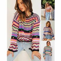 Cross-border autumn and winter Amazon new European and American patchwork sweater loose intercolor foreign trade round neck striped sweater for women
