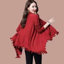 Popular European and American new knitted cardigan womens mid-length fringed bat shirt with shawl cape jacket