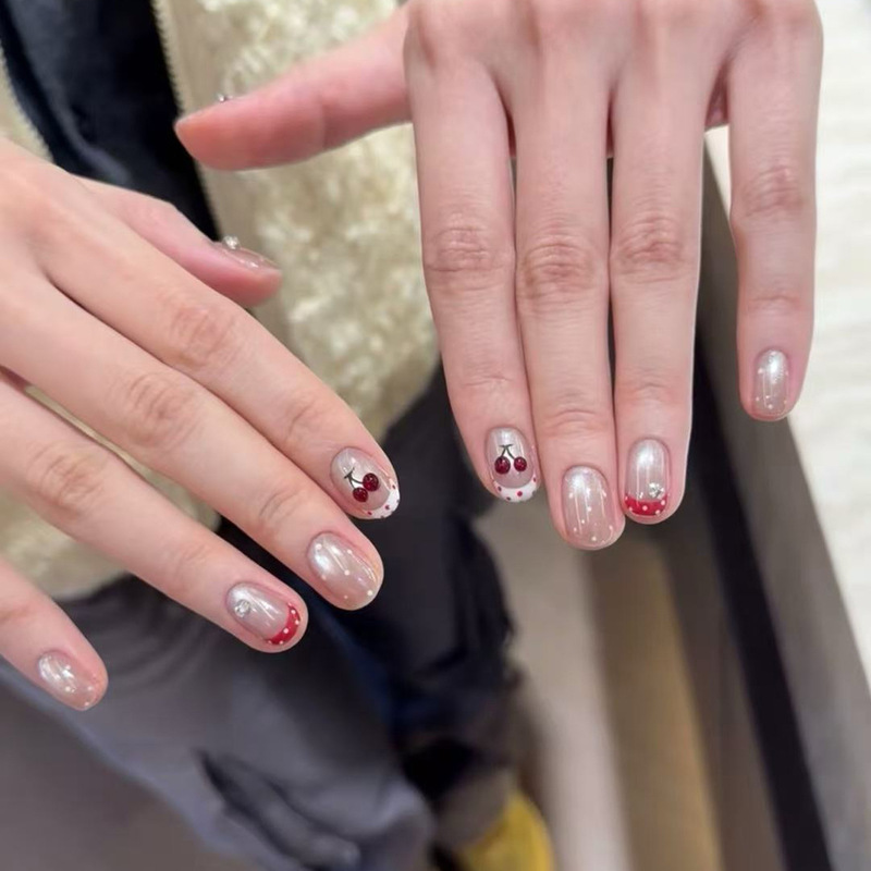 【Pink Cherry】Nude Pink Cat-Eye Cherry Polka Dot Sweet Girl Manicure Red and White French Style Energetic Style Brightening Versatile