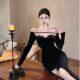 French design sense one word neck off the shoulder irregular skirt hip velvet dress autumn new sexy hot girl