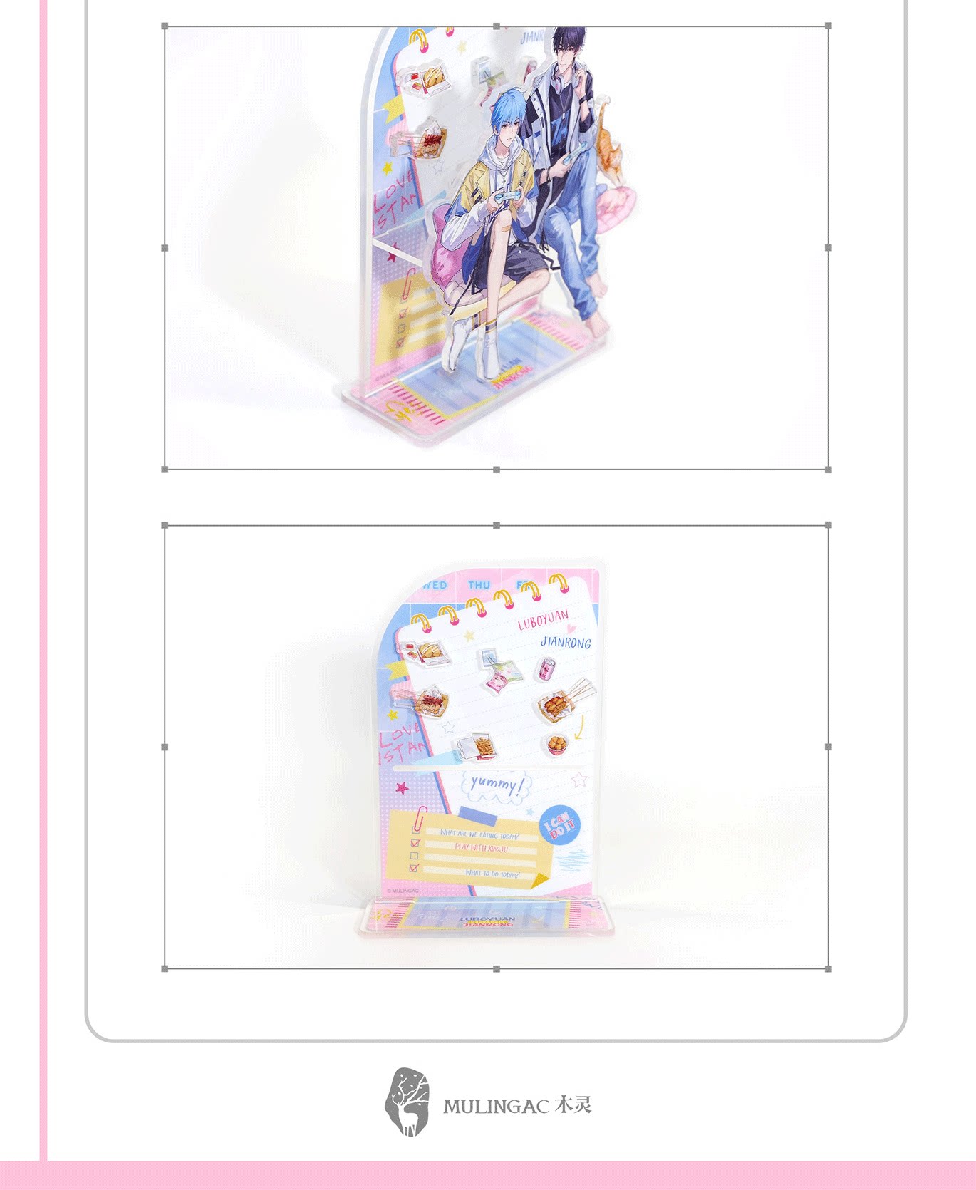 Love Instance two-way acrylic stand assembled front and back views