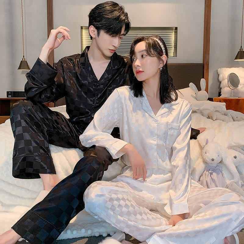 New Internet Red Couple Sleepwear Summer Ice Silk Simulation Silk Coolness Home Conserved Long Sleeve Thin men and women Two sets