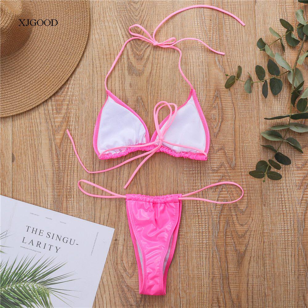 Кожзаменитель сексуальный бандаж стринги бикини Shiny Leather Split Sexy Sling Bikini для девушки 