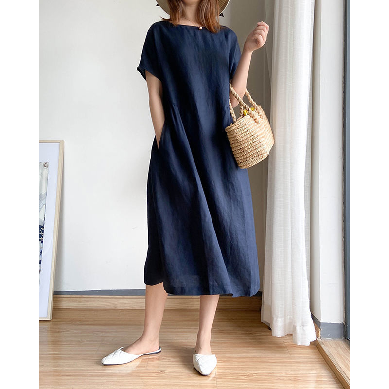 Cotton and Linen 2026 Summer Korean Style Dress for Women, Simple and Artistic, Loose and Slimming, Plus Size, Mid-Length Dress for Women Cotton and Linen 2026 Summer Korean Style Dress for Women, Simple and Artistic, Loose and Slimming, Plus Size, Mid-Length Dress for Women
