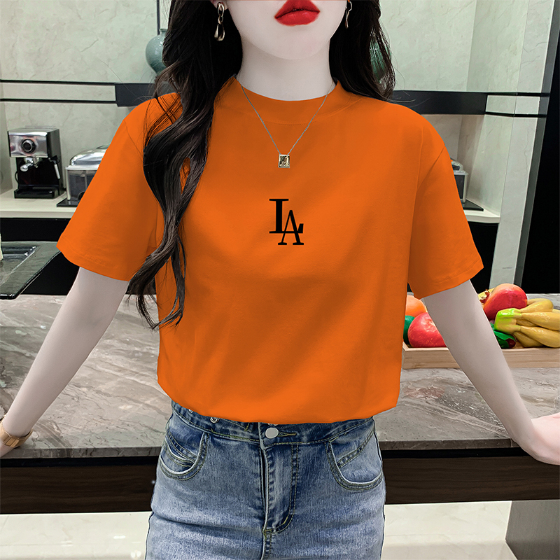Orange Loose Letter Print Short-Sleeved T-Shirt for Women, New Summer Style, Bright Color, Simple Casual, Large Size, Half-High Collar T-Shirt Orange Loose Letter Print Short-Sleeved T-Shirt for Women, New Summer Style, Bright Color, Simple Casual, Large Size, Half-High Collar T-Shirt