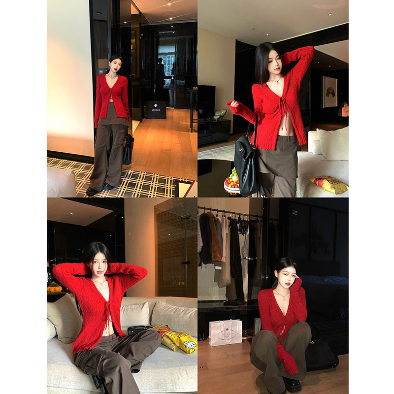 Red V Neck Lace-Up Knitted Cardigan for Women, Spring French Retro Elegant, Pure Lustful and Lazy Style, Casual Soft and Waxy Sweater