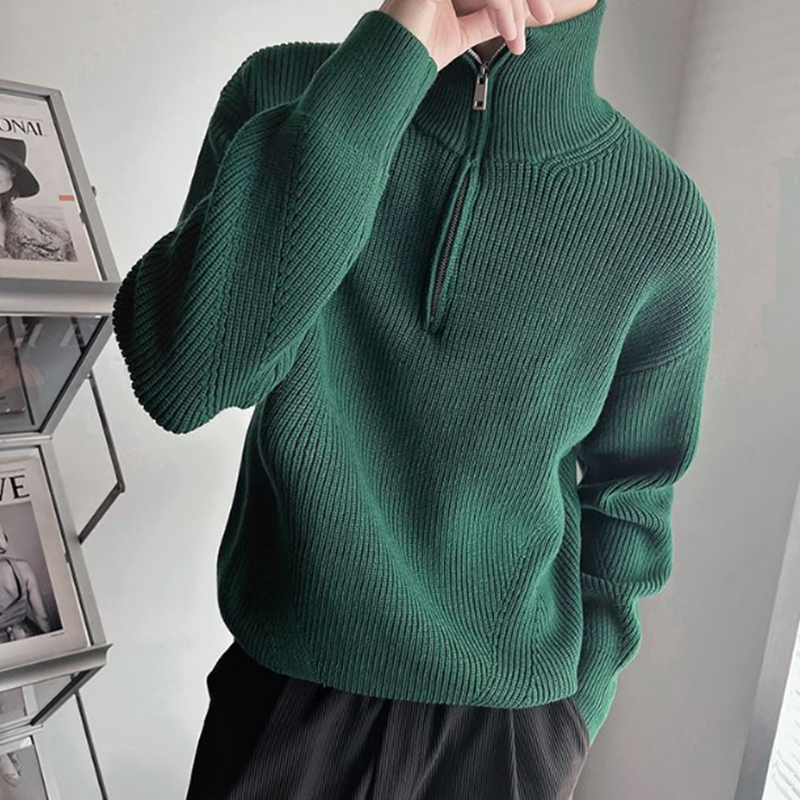 Trendy Dark Green Turtleneck Sweater for Men, Autumn and Winter, Stylish and Lazy Chic, High-End Feel, Half-Zip Pullover Knitwear