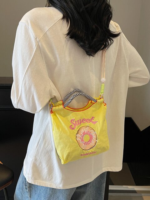 Embroidered Canvas Bag, Fashionable Mini Tote Bag, Eco-Friendly Bag, Donut Crossbody Phone Bag, Japanese Style Color-Blocking Commuter Bag