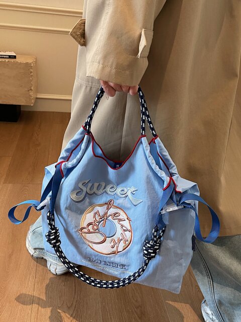 Large-Capacity Donut Canvas Bag for Women, New Embroidered Eco-Friendly Shopping Bag, Casual, Fashionable and Versatile Commuter Tote Bag