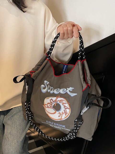 Large-Capacity Donut Canvas Bag for Women, New Embroidered Eco-Friendly Shopping Bag, Casual, Fashionable and Versatile Commuter Tote Bag