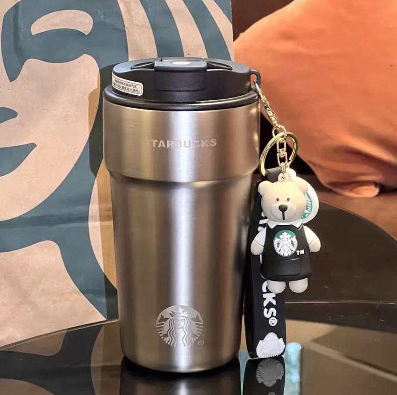 Starbucks Stainless Steel Travel Mug with Bear Pendant, Car-Mounted Thermos Cup, Portable Coffee Cup, Gift Cup for Men and Women