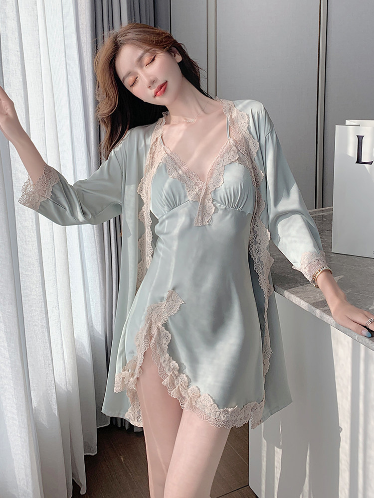 Japanese sexy pajamas women's summer ice silk thin suspender nightdress lace beautiful back real silk home service two-piece set