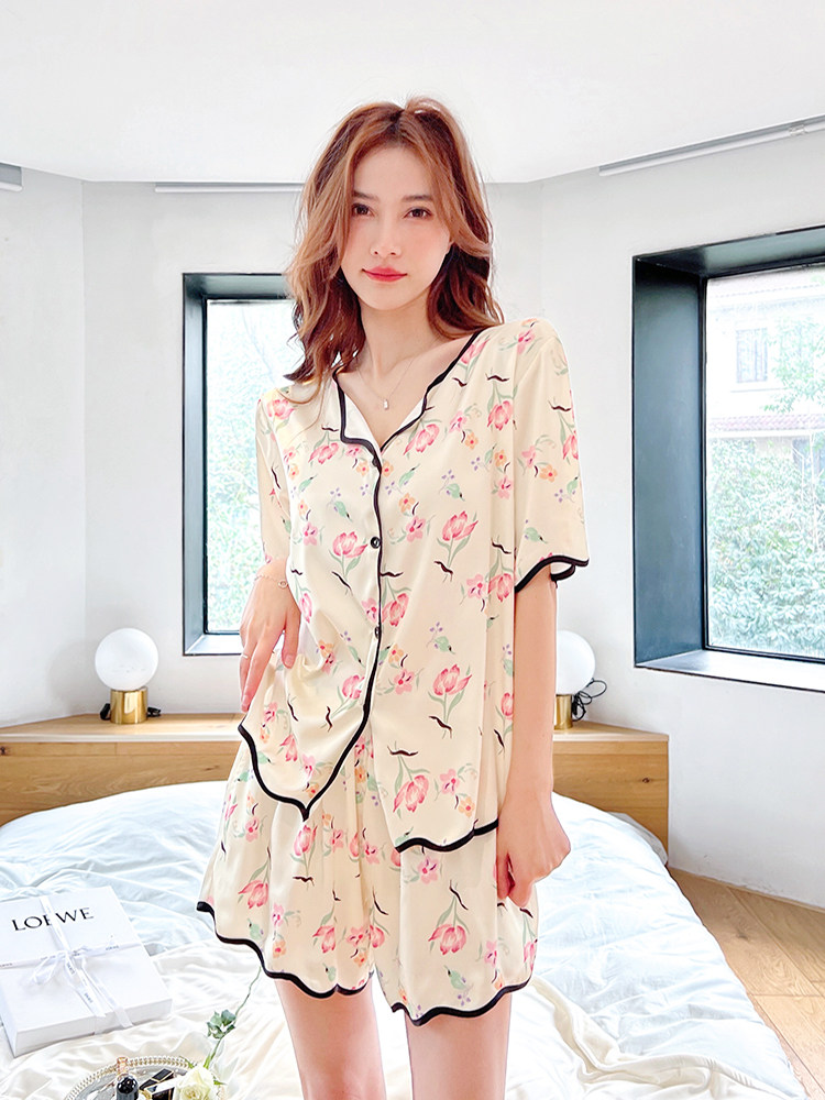 Japanese pajamas women's spring and summer ice silk sexy thin section high-quality sweet silk nightdress home service two-piece set