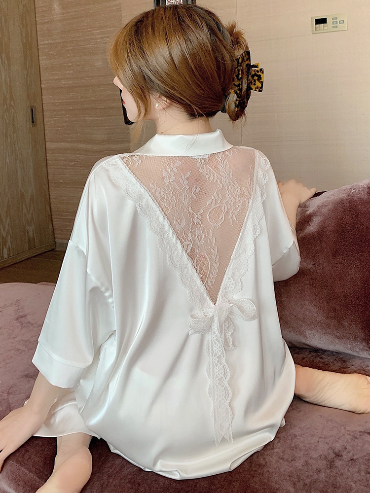 Japan's senior pajamas spring summer ice silk sexy thin lace dew true silk home dress two pieces
