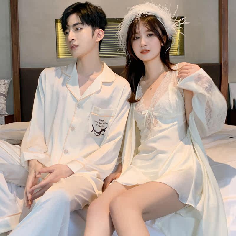 Japanese couple pajamas sexy women's ice silk sling nightdress real silk high-quality men's home clothes two-piece suit