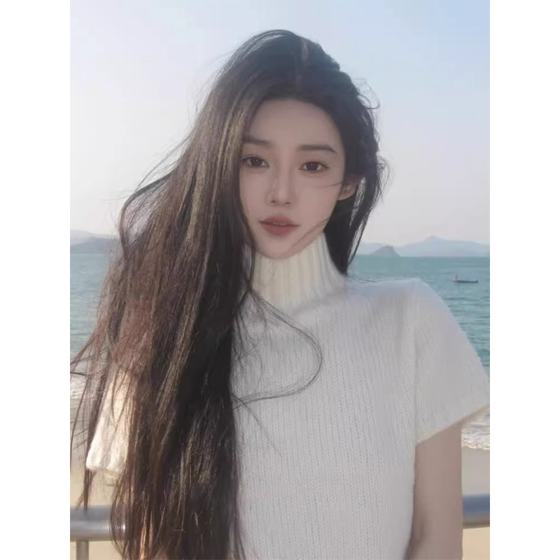 Gentle and Lazy Style Turtleneck Top, Mohair High-End Knitwear, Short-Sleeved Pullover Sweater for Women, Spring and Autumn
