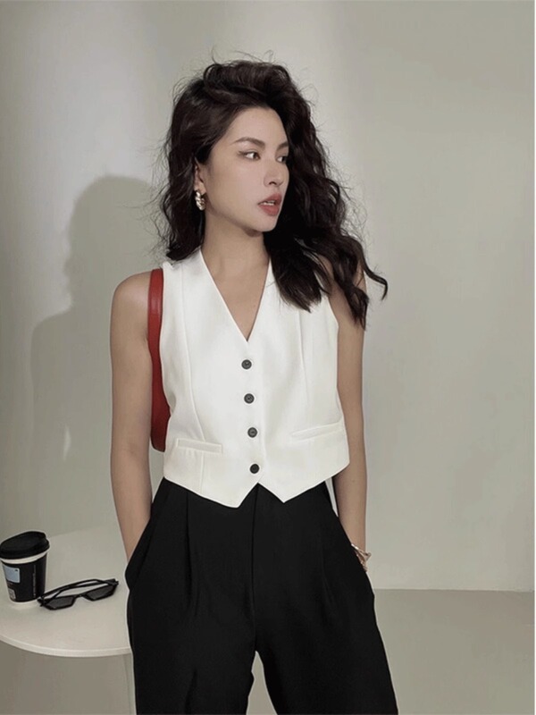 Chanel-Style French Top, Thin Sleeveless Vest, Petite V-Neck Blazer, Casual Suit Jacket for Women, Summer Chanel-Style French Top, Thin Sleeveless Vest, Petite V-Neck Blazer, Casual Suit Jacket for Women, Summer