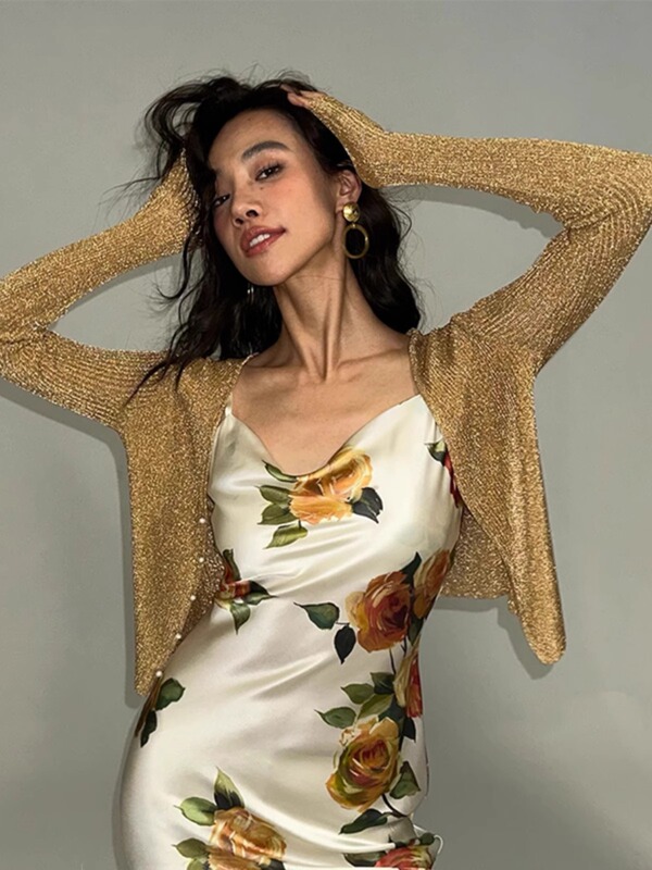 European and American Style High-End Gold Thread Top, Suspender Skirt, Sun Protection Air-Conditioning Cover-Up, Knitted Cardigan Jacket for Women in Summer