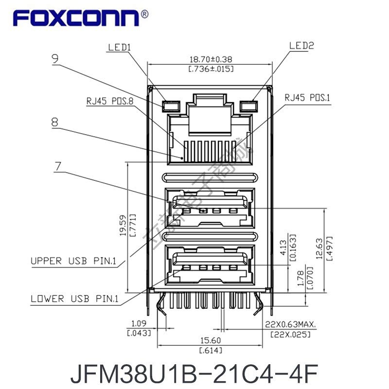 Foxconn/富士康 JFM38U1B-21C4-4F RJ45+雙層USB2.0千兆濾波器