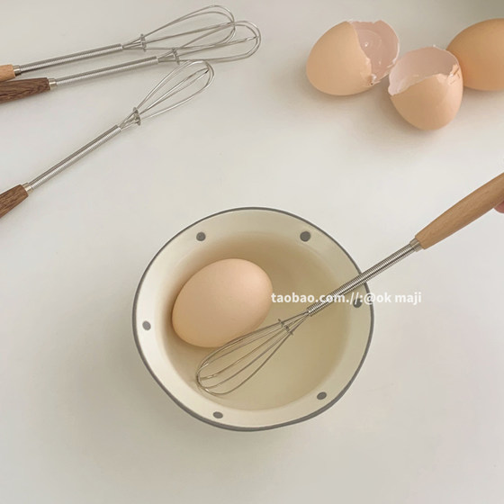 okmaji 한국어 ins 스타일 단단한 나무 계란 비터 수동 교반 스틱 홈 주방 스테인레스 스틸 미니 비터