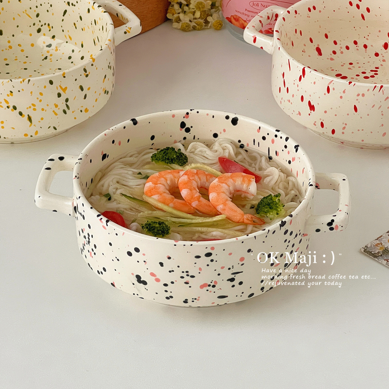 Splash-Ink Ceramic Double-Handle Bowl for Home Use, 2026 New Model, Instant Noodle Bowl, Underglaze Color Tableware, Fruit Salad Bowl, Snail Noodle Bowl