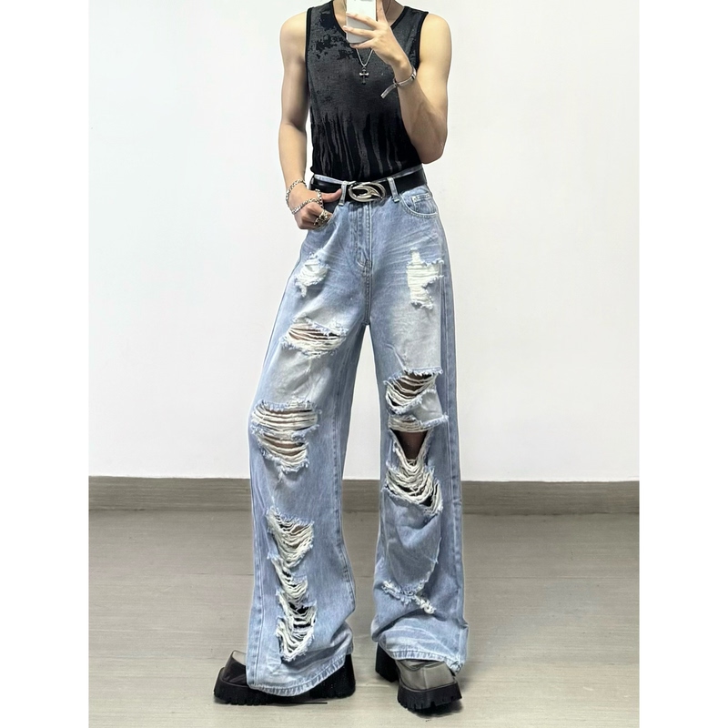 Fengligu/Relaxed Street Style Vintage Washed Distressed Jeans for Men, Niche Design, Baggy Wide-Leg Floor-Length Pants Fengligu/Relaxed Street Style Vintage Washed Distressed Jeans for Men, Niche Design, Baggy Wide-Leg Floor-Length Pants
