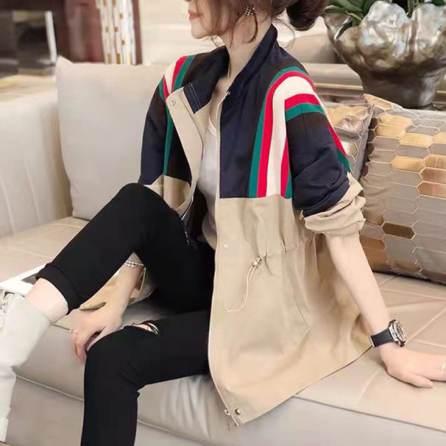 Mid-length coat women's spring and autumn thin section large size loose waist slim stitching casual fashion design windbreaker