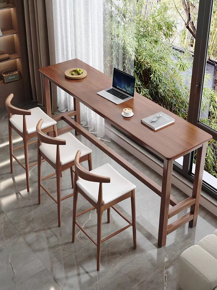 Full solid wood bar table and chairs combined leaning against wall High foot table small family type narrow dining room partition closed by window strip table-Taobao