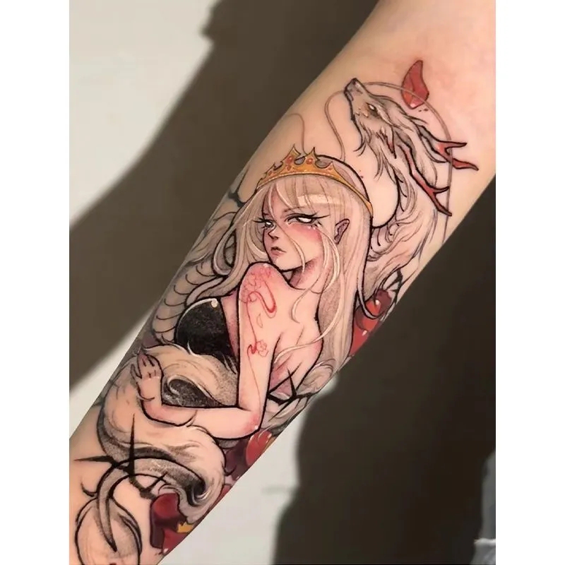 Cartoon White Dragon Geisha Tattoo Sticker Large Pattern Scar Covering Arm Thigh Dark Trendy Arm Flower Arm Tattoo Sticker