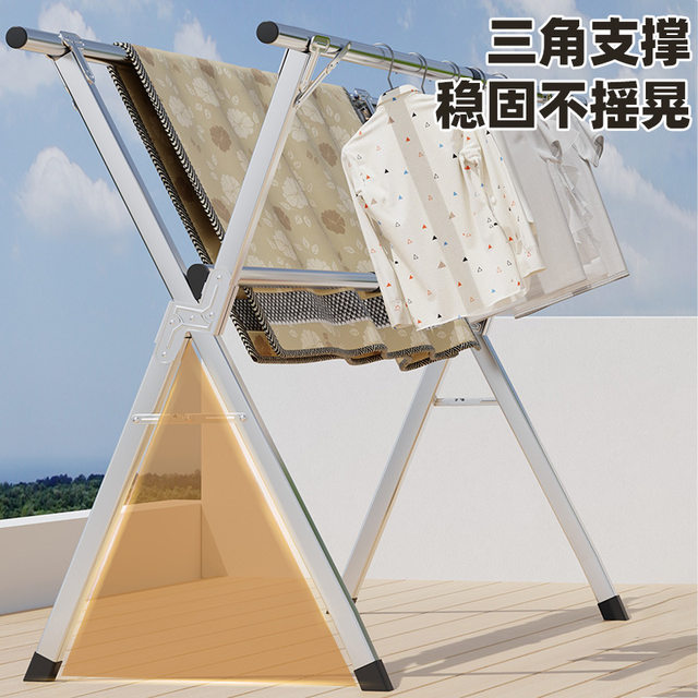 Thickened Stainless Steel Floor-Standing Folding Clothes Drying Rack, Indoor Double-Rod Clothes Rack, Outdoor Balcony Retractable Clothes Rack