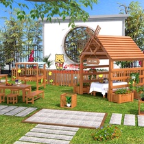Kindergarten outdoor anti-corrosion wood childrens leisure cabin table and chair combination simulated kitchen combination game area console