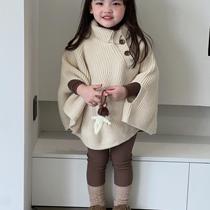 moumou 2024 new autumn style girls Korean style relaxed hooded cloak baby sweater fashionable cloak