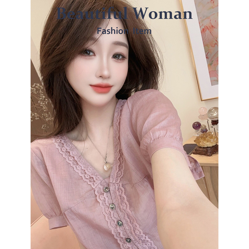 French-Style V-Neck Lace Patchwork Short-Sleeve Shirt for Women, New 2026 Summer Thin Style, Elegant and Youthful Trendy Top Ins