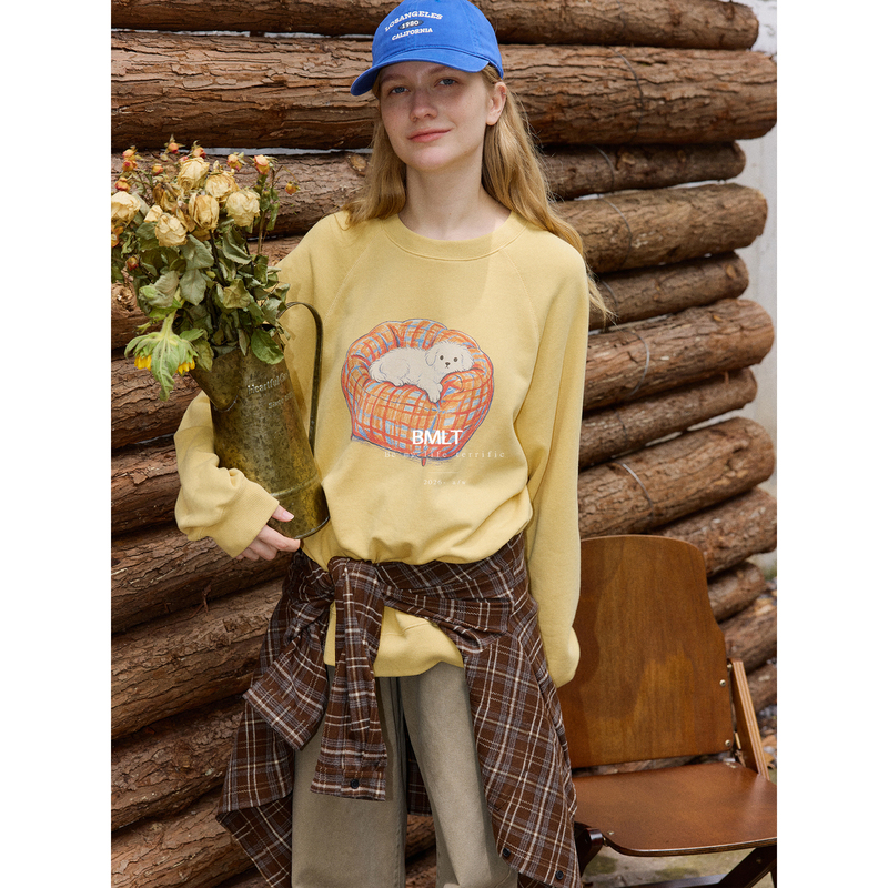 Bmlt [Furry Nap Pillow Warm] Fun Cartoon Puppy Crewneck Sweatshirt for Women, American Retro Lazy Style Loose Top for Autumn