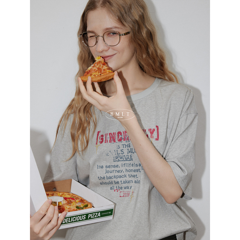 Bmlt [Afterglow] Distressed Letter Print T-Shirt Women's Korean Style Lazy Loose Casual Round Neck Top