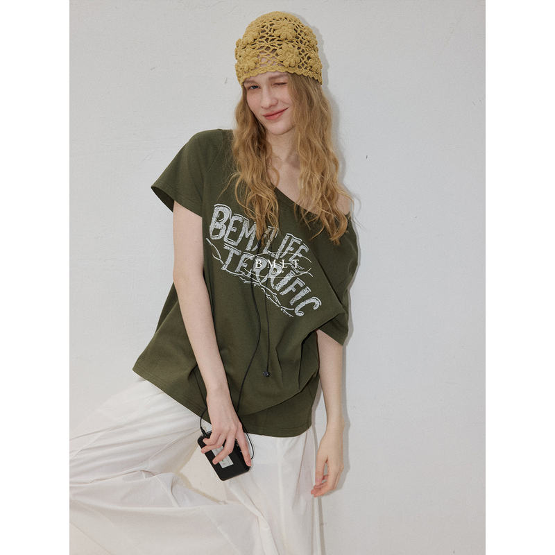 Bmlt [Pillow Star River] American Retro Distressed Letter T-Shirt for Women, Loose Fit, Slimming, Hot Girl Style, Off-Shoulder Short-Sleeve Top