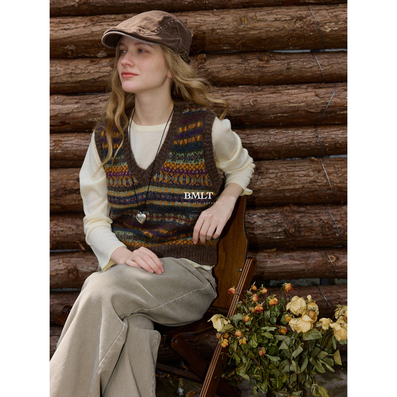 Bmlt [Mountain Color] Fair Isle Jacquard Knit Vest for Women with Wool, Vintage Artistic Loose Layering for Autumn