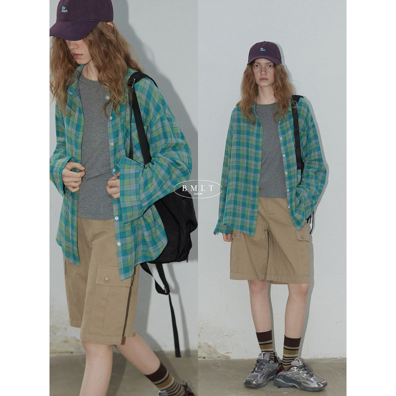 [Summer Fan Exclusive] Bmlt [Sky] Blue Plaid Shirt Spring Korean Style 100% Cotton Shirt for Women