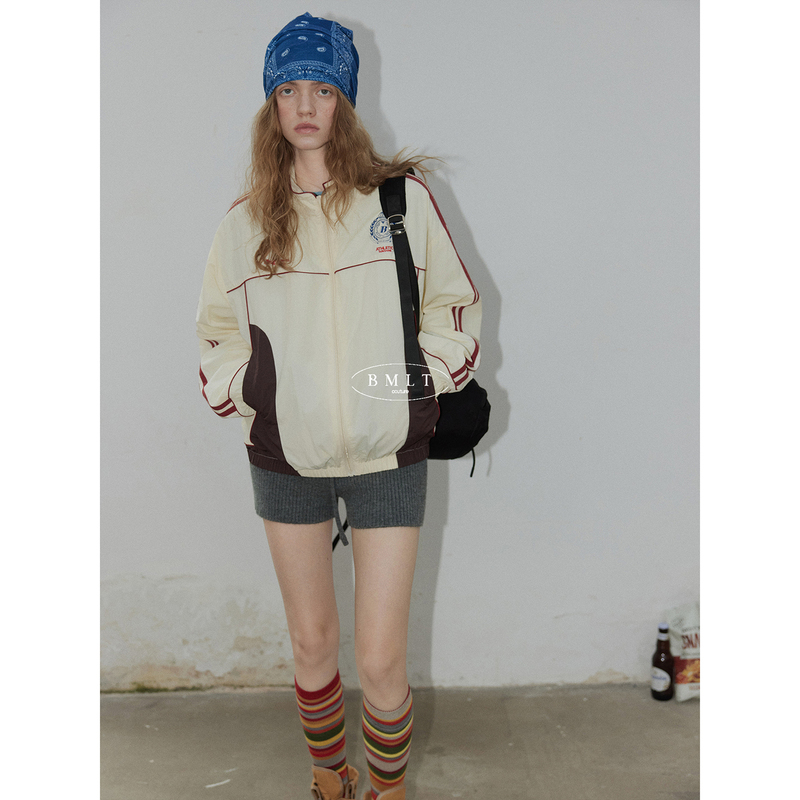 Bmlt [Small Bubbles] Korean-Style Spring Retro Color-Blocking Design Jacket, Loose Casual Versatile Simple Coat for Women