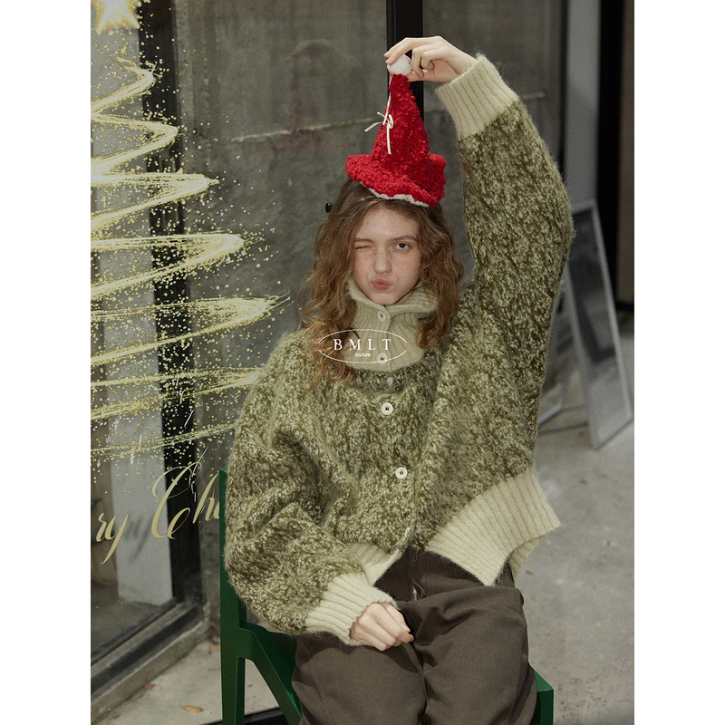 Bmlt [Star Fragment Evening] Korean-Style Green Wool Single-Breasted Lapel Sweater for Women, Autumn and Winter, Loose Knit, Thickened