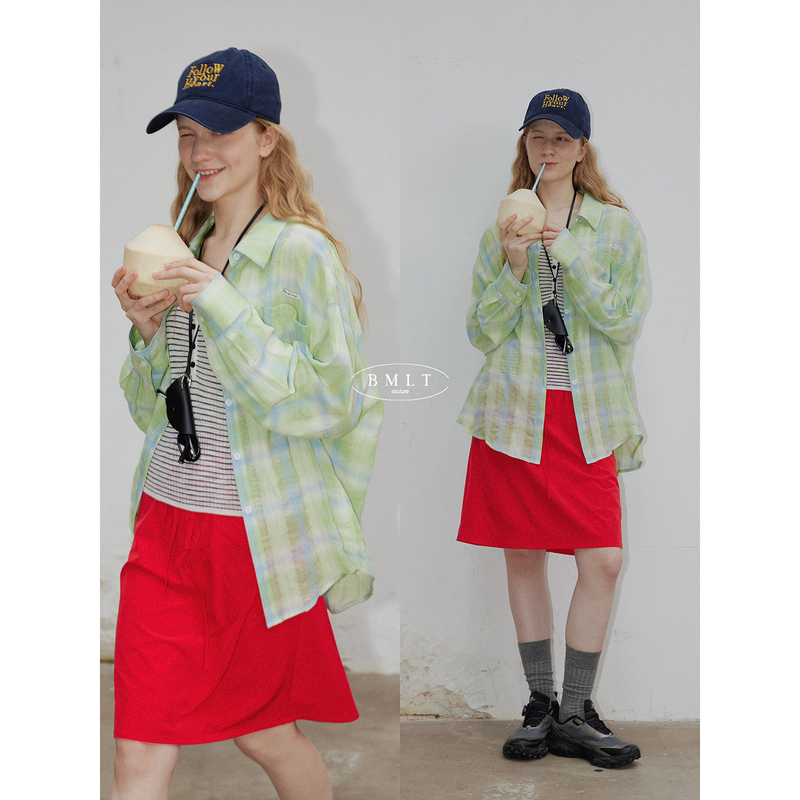 Bmlt [Yunjian Ningye] Japanese-Style Preppy Green Plaid Shirt for Women, Loose Fit, Slimming, Casual, Versatile, Sun-Protective Shirt