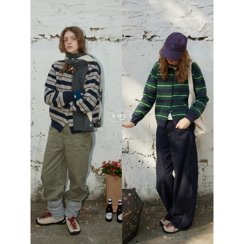 Bmlt [Street Heater] Color-Blocked Striped Vintage Round Neck Single-Breasted Cardigan Sweater Age-Reducing Autumn and Winter New Knitwear