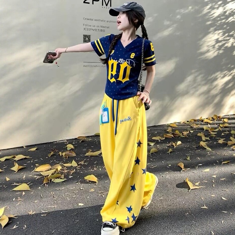 American Retro Style Casual Fashion Suit for Women, Summer High Street Letter Print Short-Sleeved Top and Star Wide-Leg Pants Two-Piece Set