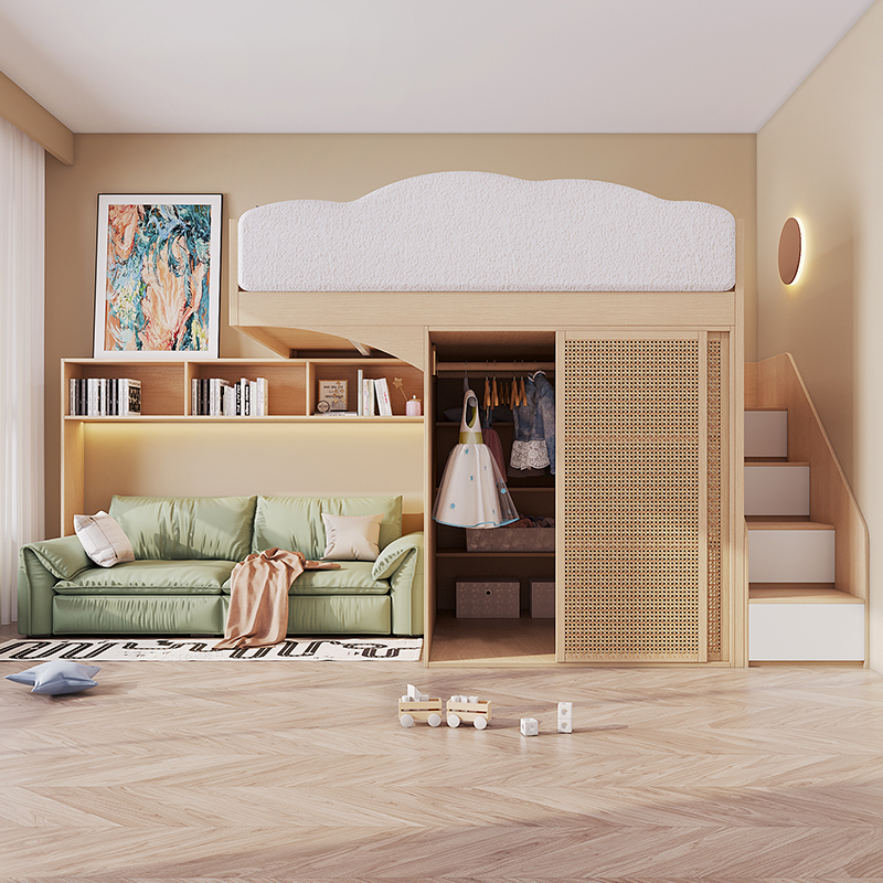 Bunk Bed with Sofa Underneath, Staggered Bunk Bed for Small Apartments, Space-Saving Loft Apartment, Second-Floor Loft Bed