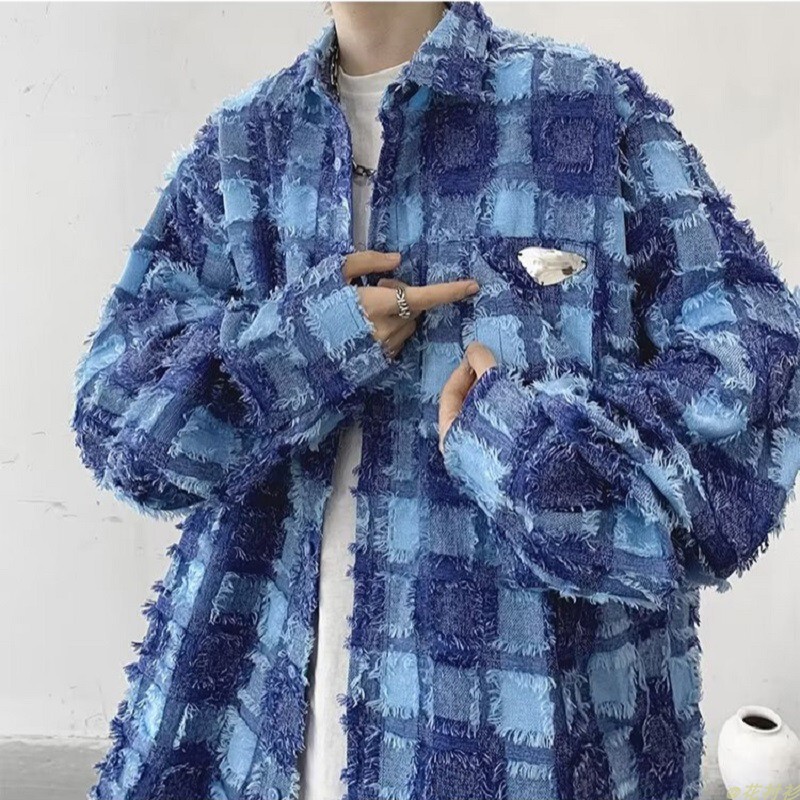 Floral Shirt New Long-Sleeved Shirt for Men Spring and Autumn Trendy Brand Fringed Plaid Casual Short-Sleeved Jacket Couple Outfit