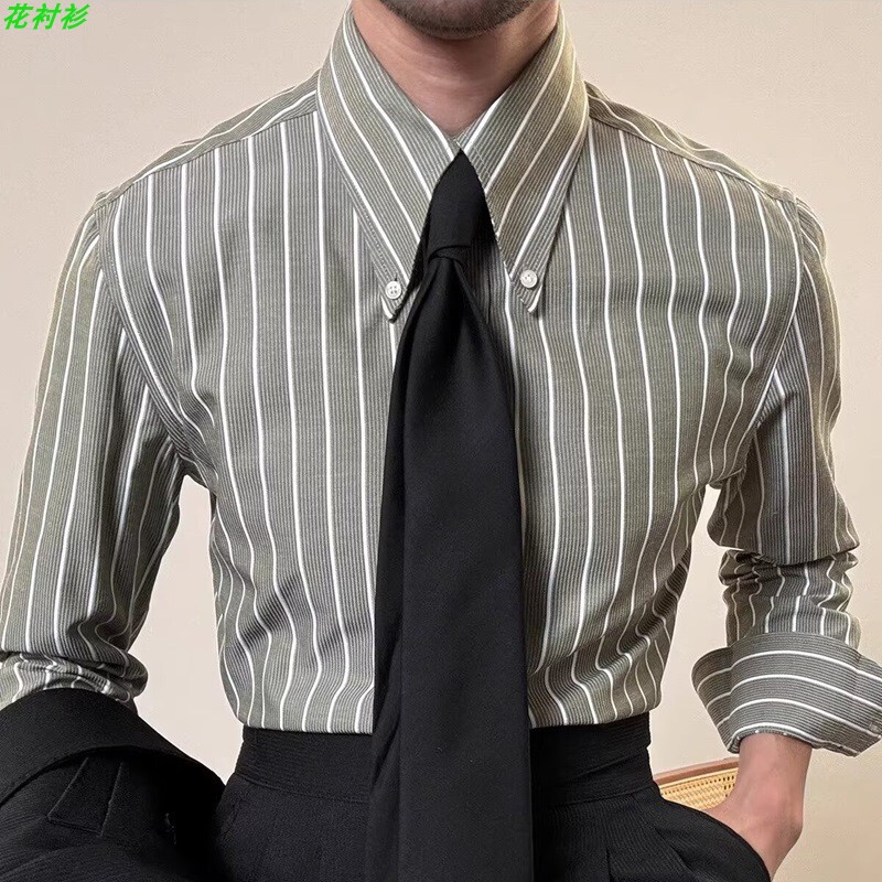 Floral Shirt, Italian Retro Green Striped Long Pointed Collar Shirt, Men's Casual Business Long-Sleeved Versatile Trendy High-End Men's Clothing Floral Shirt, Italian Retro Green Striped Long Pointed Collar Shirt, Men's Casual Business Long-Sleeved Versatile Trendy High-End Men's Clothing