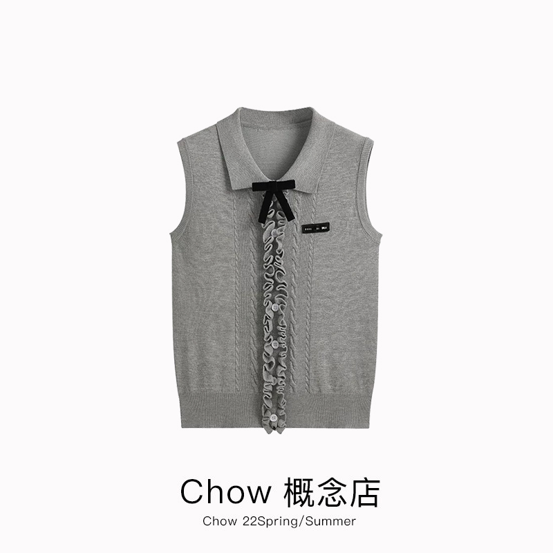 College Style Ruffled Bow Sleeveless Knitted Vest for Women, Summer Outerwear with a Stylish Design, Versatile Lapel Top, Trendy