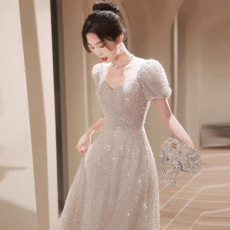French-Style Evening Dress with a Unique and Sophisticated Feel, Suitable for Hostesses at Banquets, Birthdays, Talent Shows, Coming-Of-Age Ceremonies, and Petite Individuals, Featuring Sequin Embellishments