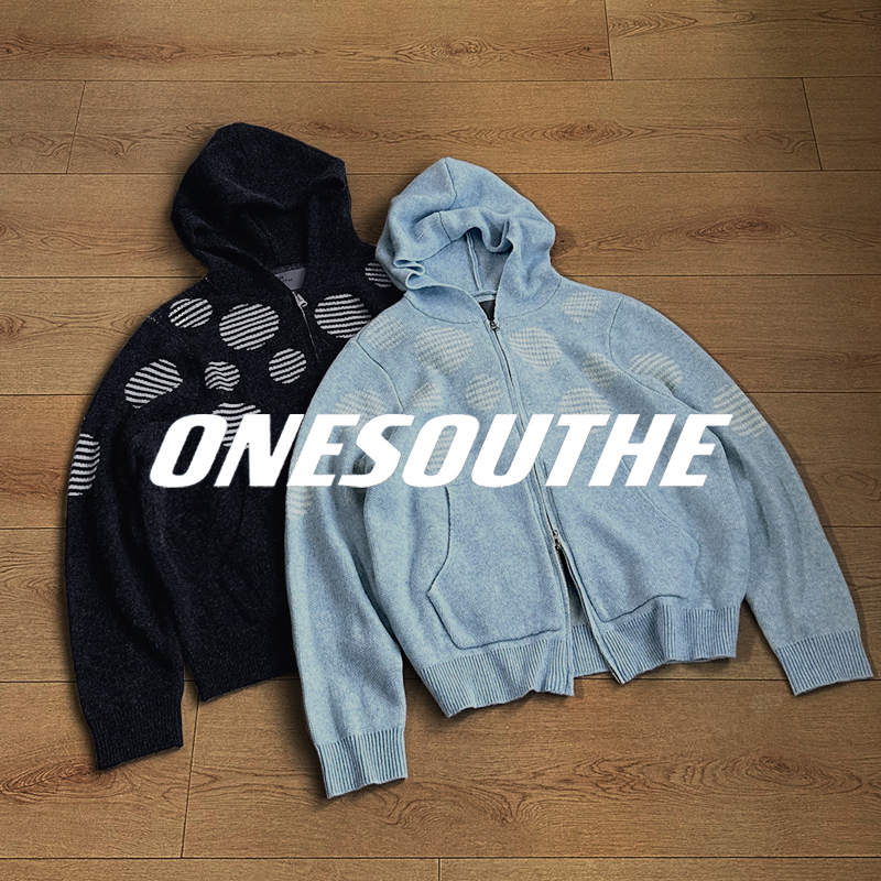 Onesouthe Original Old Money Style Irregular Color-Blocking Jacquard Knit Hooded Sweater Jacket