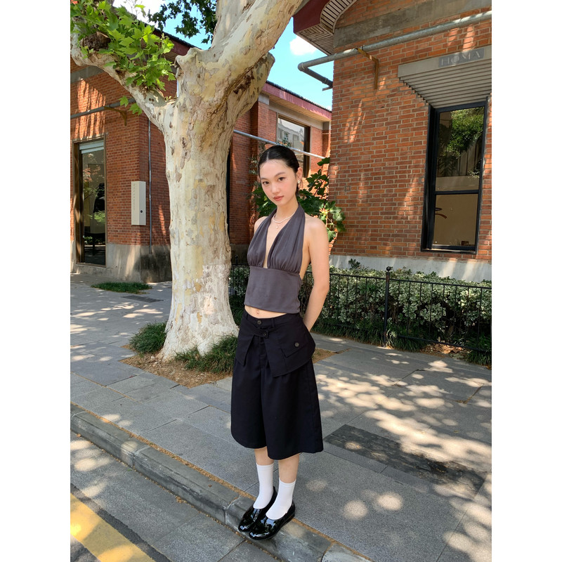 647S Layered Deconstructed Waistband Two-Way Wear Loose Fashionable Mid-Waist Straight-Leg Dress Pants/Capri Pants